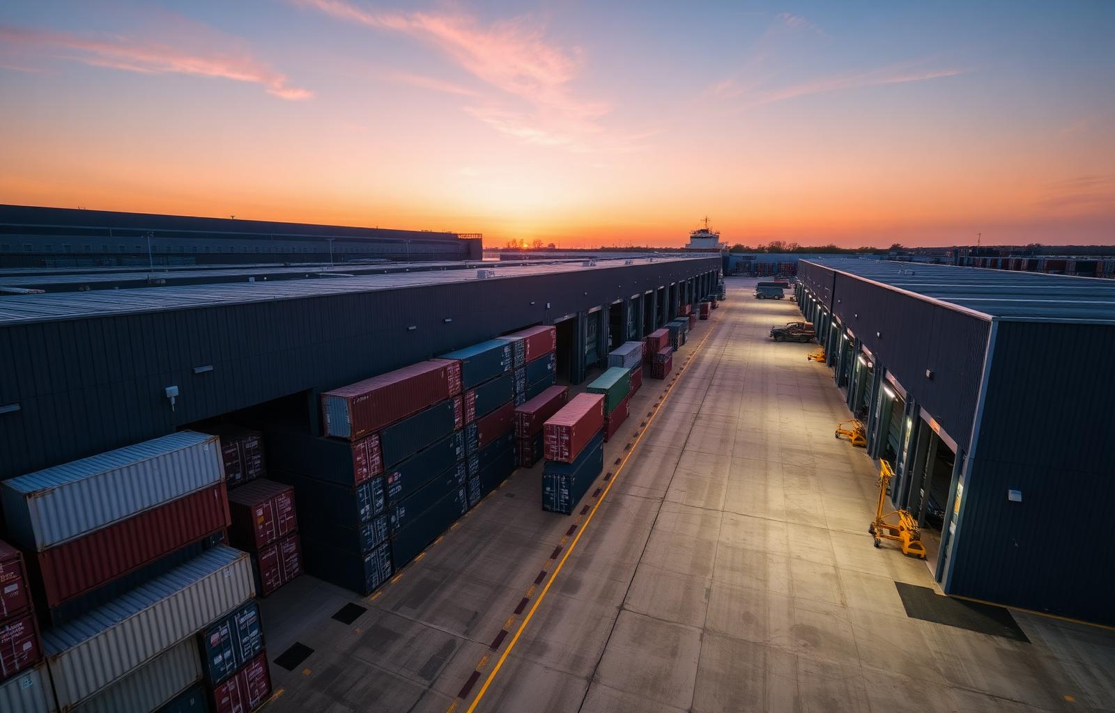 Freight distribution yard at golden hour